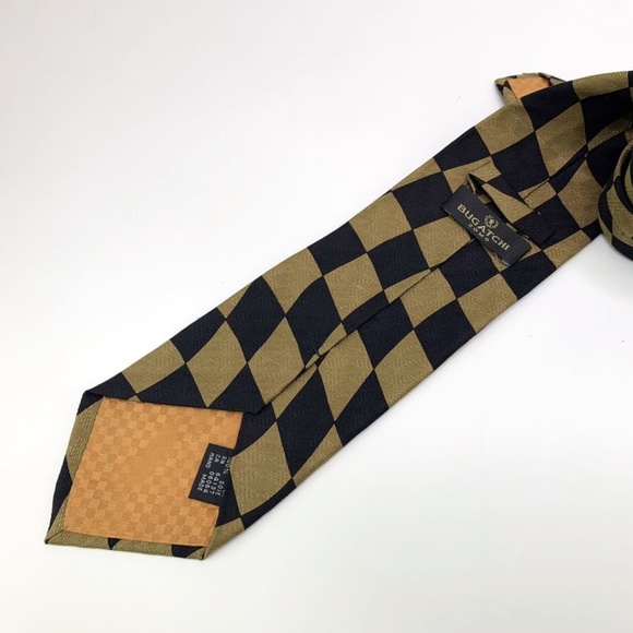Bugatchi Tie All Silk Black Gold Checkered Pattern - Picture 3 of 3